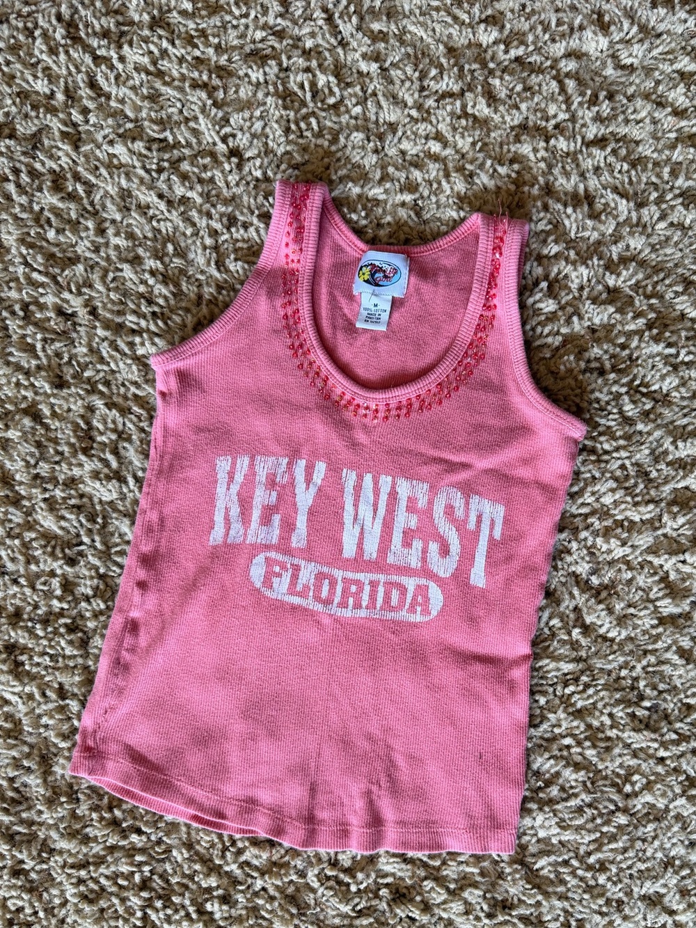 Y2K Key West Florida Pink Ribbed Tank Top Beaded Trim Size M